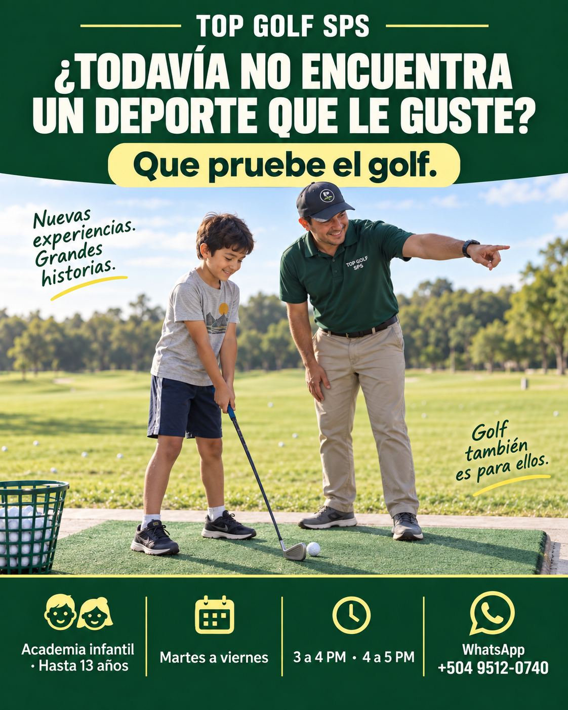 Niño aprendiendo golf junto a un instructor